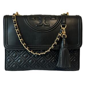 Tory Burch Fleming Leather Convertible Shoulder Bag Crossbody Black Quilted